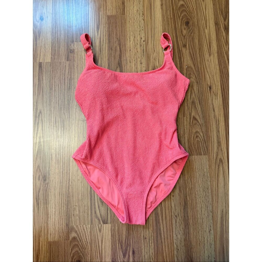 MICHAEL Michael Kors Women's Textured Logo Ring One Piece Swimsuit Coral Size 12